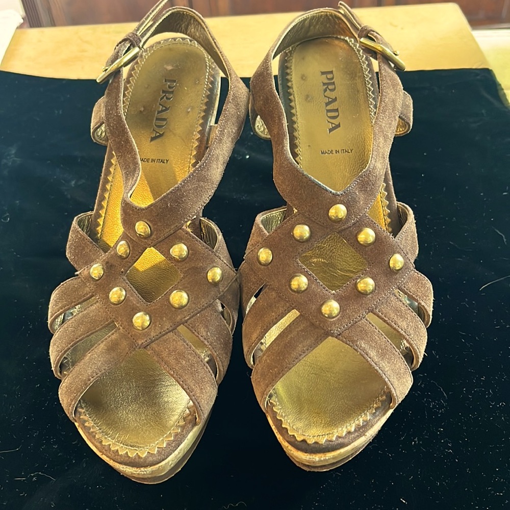 Prada Reverse wedge heel suede sandals SZ 9.5